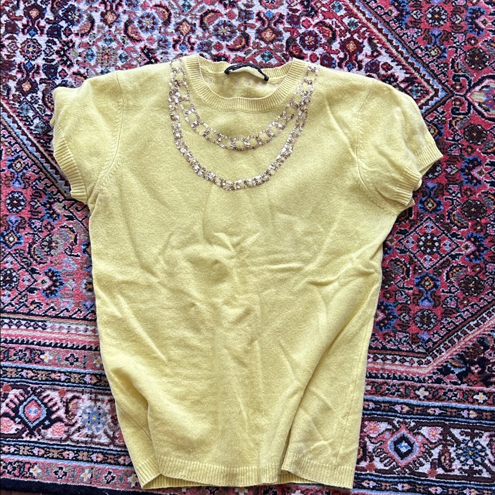 BCBGMaxAzria Yellow Short-Sleeve Jeweled-Neck Sweater Top